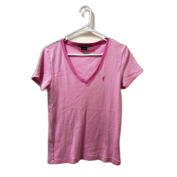 Ralph Lauren Sport T shirt women's Large Pink White Stripe Preppy y2k Baby tee - Picture 1 of 3
